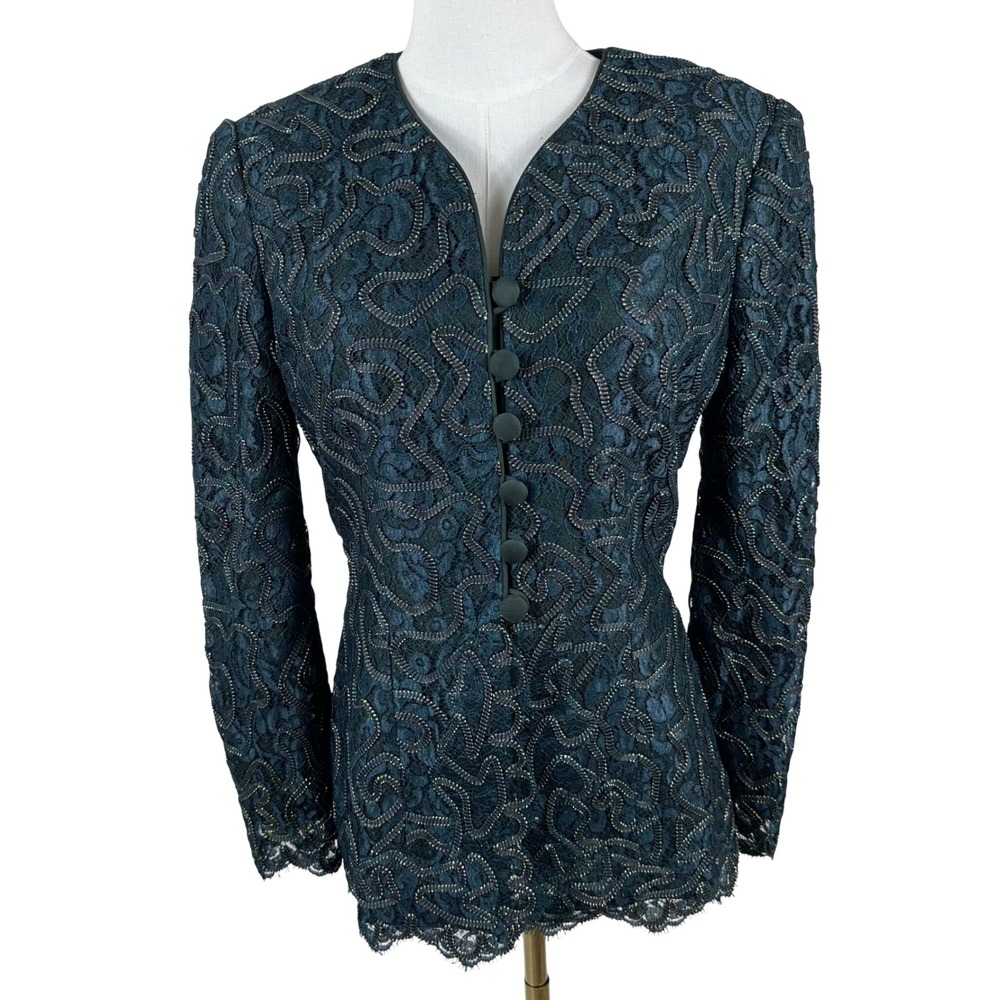 Vintage Liancarlo Lace Blazer 8 Green Soutache Evening Jacket Covered Buttons
